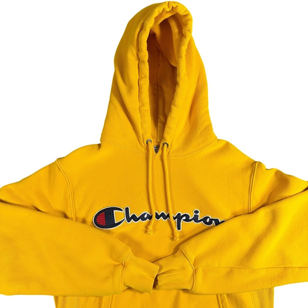 Champion Reverse Weave Yellow Embroidered Logo Hoodie Sweatshirt Size‎ Small